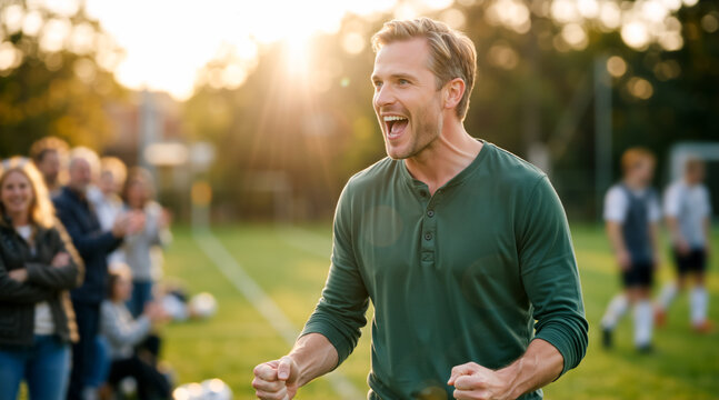 Excited man cheering on the sidelines of a soccer game. Enthusiastic father or coach celebrating a victory on the football field at sunset. Sports fan concept