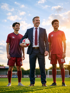 Vertical portrait of a soccer manager in a suit holding a ball with two players on the field. Happy sports team owner and athletes standing on green grass at the stadium