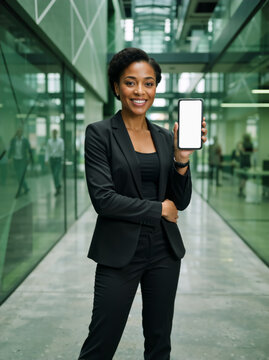 Vertical portrait of a Black businesswoman showing blank smartphone screen in modern office. Female corporate executive holding mobile phone with white mockup display. Copy space for app presentation