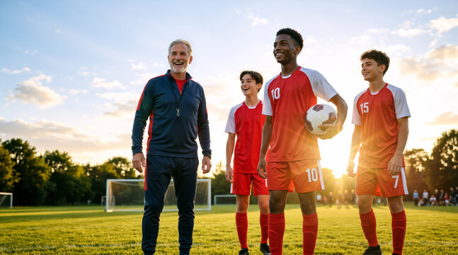 Happy soccer coach and young players standing on the field. Diverse youth football team smiling during outdoor practice at sunset. Sports mentorship and teamwork concept