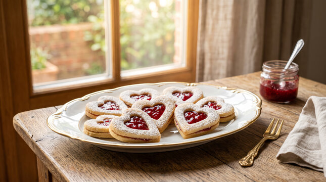 Heart Shaped Cookies Topped with Red Jam on an elegant white, gold trimmed serving plate with sunshine streaming in on them through our window in the background
