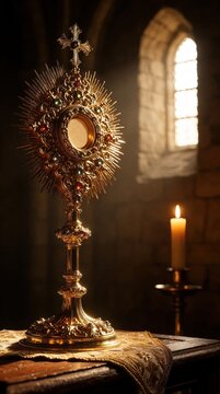 Ornate golden monstrance with white eucharistic host stands on altar in old church. Glowing candle light illuminates sacred vessel during Corpus Christi feast. Catholic religious symbol for