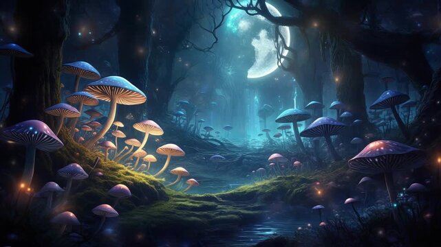 Enchanted Forest at Night with Glowing Mushrooms and Moonlit Path
