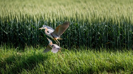 Fototapeta premium Two grey herons fly over green grass with wheat field background. Birds spread wings during flight near wetland nature preserve. Wildlife scene in natural habitat with avian subjects.