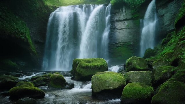 Lush Forest Waterfall with Mossy Rocks and Flowing Water - Serene Nature Scene