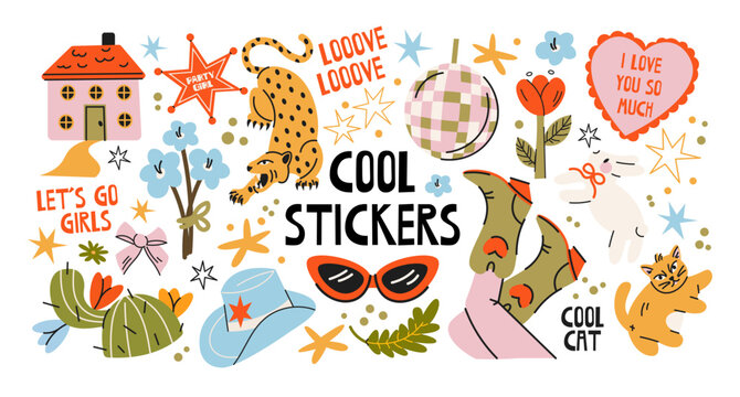 Cool girls stickers with disco ball, cat, leopard, flowers, sunglasses, cactus and retro lettering, groovy cartoon style for lifestyle branding, fashion, social media, stationery and trendy patches