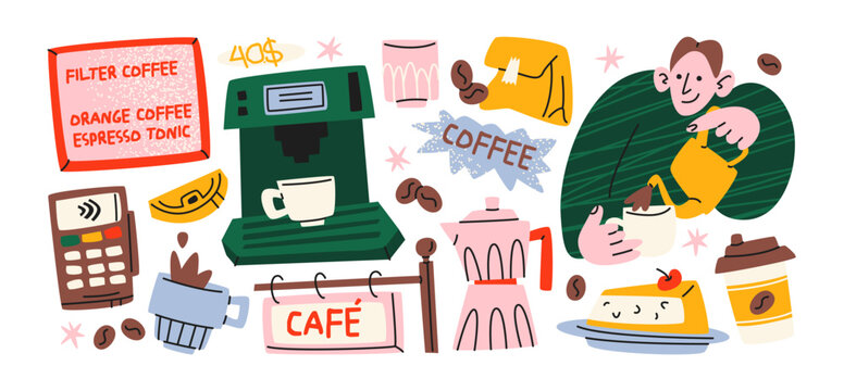 Coffee cafe stickers with barista character, espresso machine, coffee cups, beans, cake, payment terminal, retro cartoon style for coffee shop branding, cafe menus, packaging, advertising and beverage