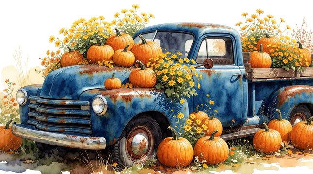 Vintage blue truck overflows with ripe pumpkins, yellow wildflowers. This rustic autumn harvest scene evokes seasonal beauty, farm charm. Perfect for fall decor projects, rural holiday themes.
