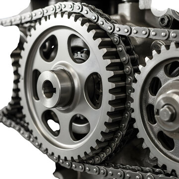 Closeup of interlocking metal gears and a roller chain in a mechanical system