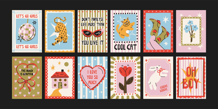 Vintage 90s girls posters with retro cat, disco ball, flowers, hearts, fashion and playful quotes, French inspired cartoon style for bedroom wall decor, boutique interiors, nostalgic home decoration