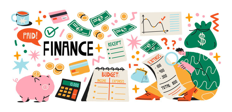 Personal finance and money management business stickers, budgeting, expenses, income, savings, payment and financial planning, retro cartoon style. Financial literacy, household economy 