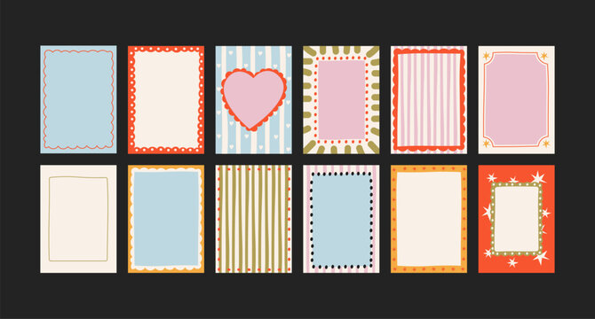 Retro 90s vintage decorative frames with colorful borders, heart accents and playful French inspired patterns, poster backgrounds for wall decor, stationery, invitations, packaging for scrapbooking