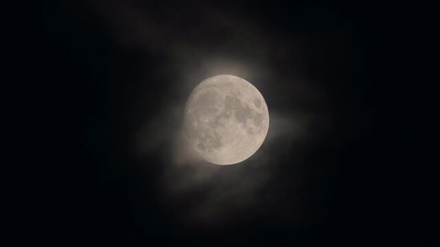 Close-up of a glowing full moon in the dark night