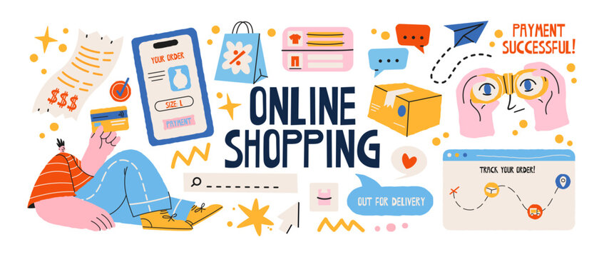 Online shopping ecommerce business with digital payment, order tracking, delivery service and customer purchase process, retro cartoon style. Retail technology, consumer commerce and online sale