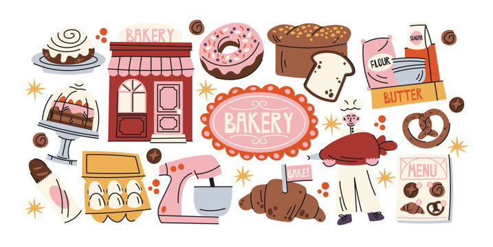 Bakery and baking concept with pastries, bread, donuts, croissants, ingredients, mixer and pastry chef, retro cartoon style for bakery branding, cafe menus, food packaging and culinary business