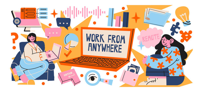 Work from anywhere illustration with remote employees, laptop, digital tools, communication and online workspace. Modern freelance and remote employment lifestyle for professionals, businesses 