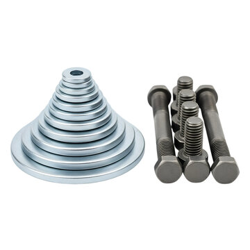 Stack of metal washers and hex bolts on white