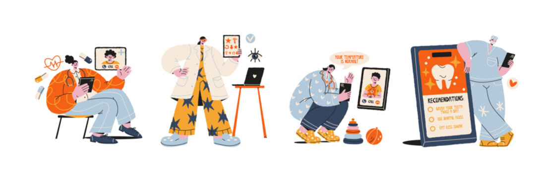 Online medicine characters with doctors, telemedicine consultation, health checkup, dental care and smartphone medical services in colorful cartoon style. Digital mascots healthcare and remote patient