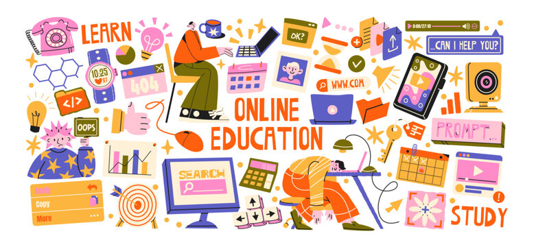 Online education and digital learning with laptop, smartphone, video lessons, search tools, calendar, charts and study materials. Modern educational technology for students, teachers and remote 