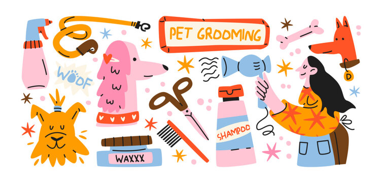 Pet grooming and care set in retro cartoon style. Animals and supplies: dogs, cats, scissors, brushes, paws, shampoo. Illustration in funky, doodle style, trendy sticker set