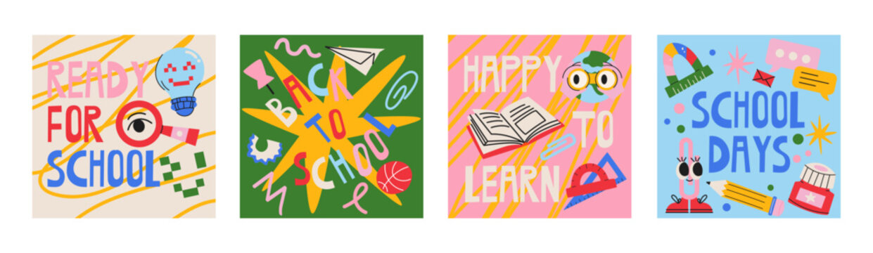 Back to school posters for students and education, colorful cards with backpacks, books, pencils, globe and school supplies, retro cartoon style, classroom decor, welcome messages and academic 