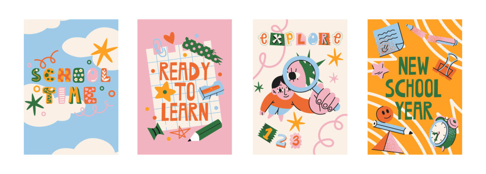 Back to school posters for students and education, colorful cards with backpacks, books, pencils, globe and school supplies, retro cartoon style, classroom decor, welcome messages and academic 