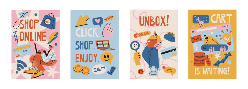 Fast online shopping posters with ecommerce, click and shop, unboxing and shopping cart concepts, retro cartoon style for retail advertising, ecommerce marketing, online store promotions, sales campa