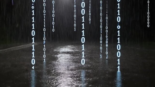 Digital Rain Matrix Code Falling on Wet Road at Night, Futuristic Technology Concept