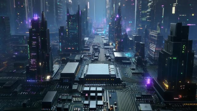 Futuristic Cyberpunk Cityscape with Neon Lights and Digital Circuits