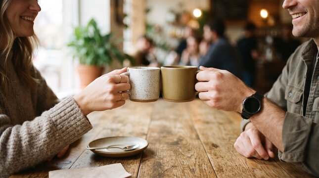 Two people clinking coffee mugs in cozy cafe setting