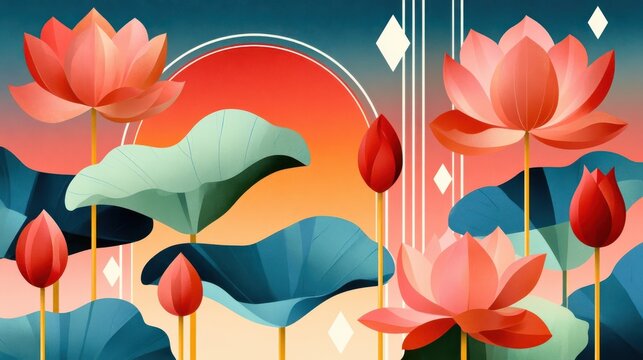 Serene lotus bouquet with sunset gradient background and stylized floral leaves
