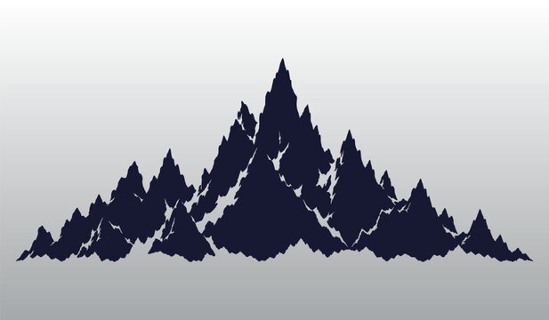 Mountain range silhouette vector illustration with sharp dark rocky peaks, rugged alpine ridge, and light grey gradient background, suitable for outdoor adventure and travel design.