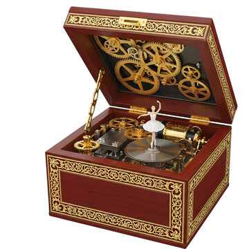 Open ornate wooden music box with a spinning ballerina and complex internal mechanism