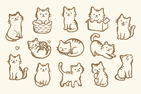 Cute doodle cat set in minimal line style. Hand drawn kitten collection with playful poses. Kawaii vector illustration isolated on neutral background.