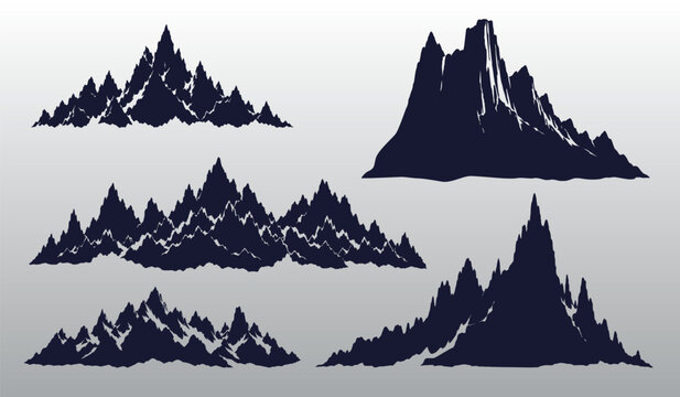 Mountain silhouette vector set featuring jagged alpine peaks and rocky ridge landscapes isolated on a neutral background, dark blue high-contrast design graphics.