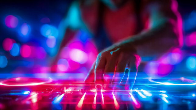 DJ wearing glowing neon glasses performs electronic music with hands over a mixing console, surrounded by vibrant pink and blue light effects in a nightclub