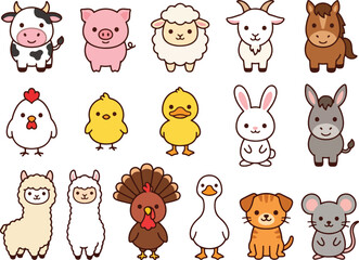 Naklejka premium Cute Kawaii Farm Yard Animals Birds and Pets Vector Sticker Set