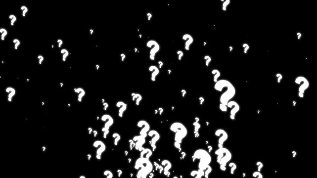Animated white question marks on black screen background, moving and falling symbols, pop up confused effect, chroma key motion graphics, looping 4k