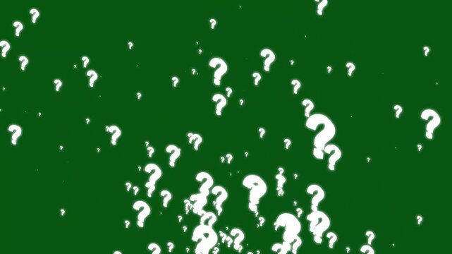 Animated white question marks on green screen background, moving and falling symbols, pop up confused effect, chroma key motion graphics, looping 4k
