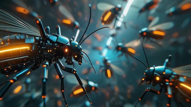 Cybernetic Insects Swarm, Futuristic Robotic Fireflies, AI Technology, Digital Art