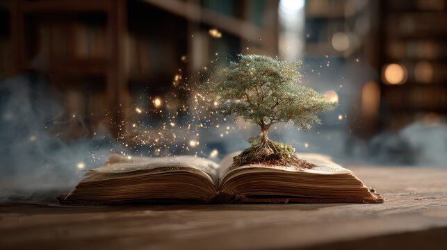 Ancient book with tree growing from pages during mystical light in library concept