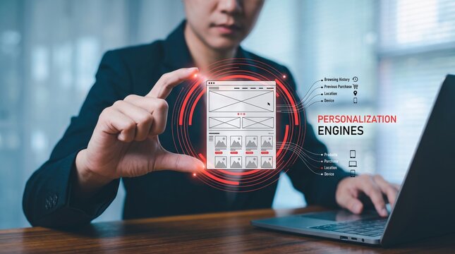 Businessman interacting with a holographic display showcasing personalization engine wireframes, illustrating advanced data-driven user experience and technological innovation in software development