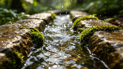 Fototapeta premium Moss Covered Rocks with Clear Water Flowing Through a Lush Green Forest Stream, Peaceful Natural Mountain Landscape with Fresh Spring Cascade and Serene Summer Wilderness Beauty