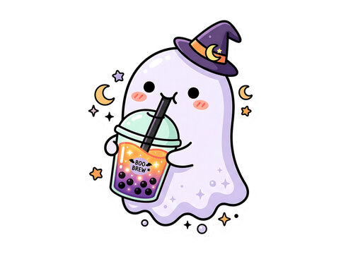 Cute halloween ghost wearing witch hat drinking boba milk tea isolated on transparent background png vector illustration