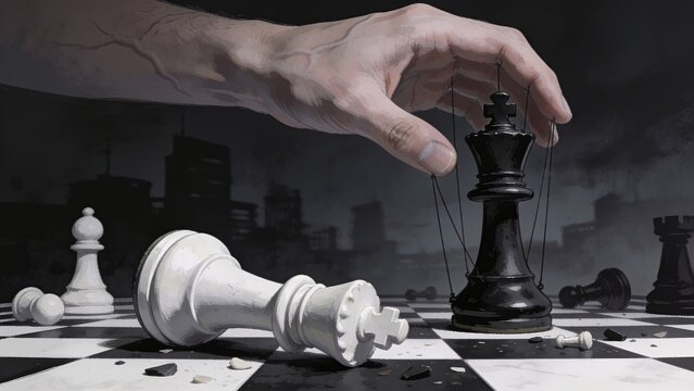 A surreal chess scene depicting a giant hand controlling the pieces like puppets, symbolizing power, manipulation, and strategic control.