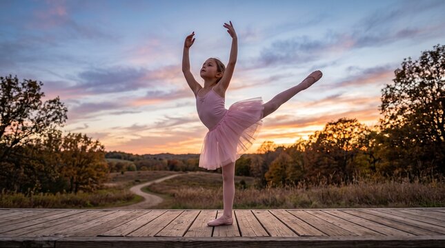 Young ballerina performs graceful arabesque pose on wooden deck at sunset with colorful sky and autumn landscape