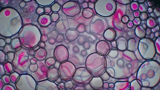 Microscopic View of Plant Cells with Pink Pigmentation, Cellular Structure, Biology Abstract