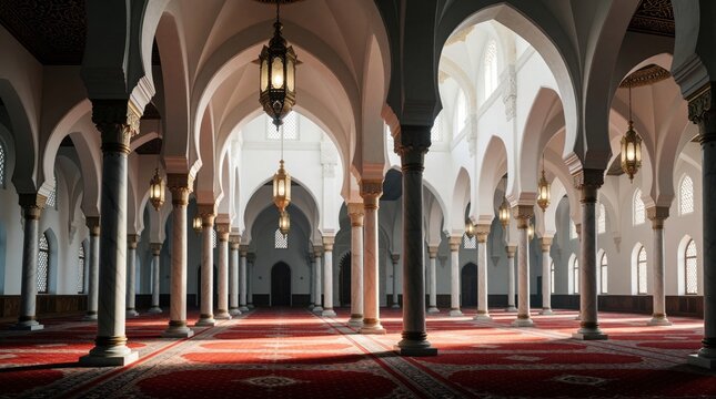Interior of grand mosque with towering arches, light-filtering stained glass, red patterned carpets, ornate gold columns. Serene atmosphere with suspended lanterns, arched doorways, vast prayer hall
