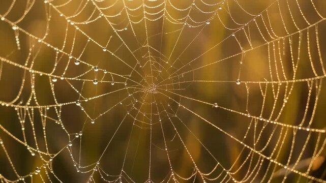 Dewdrops on Spiderweb in Golden Sunlight, Macro Nature Photography