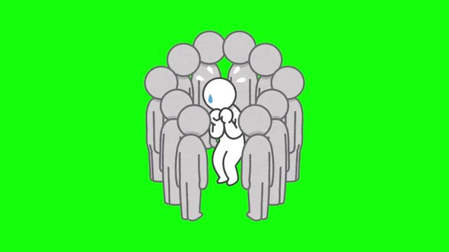 Scared person trapped in center of a large crowd of people feeling anxious vector animation green screen
